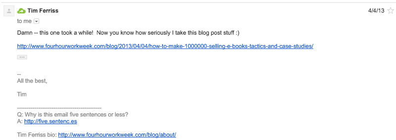 Email from Tim Ferriss about blog post