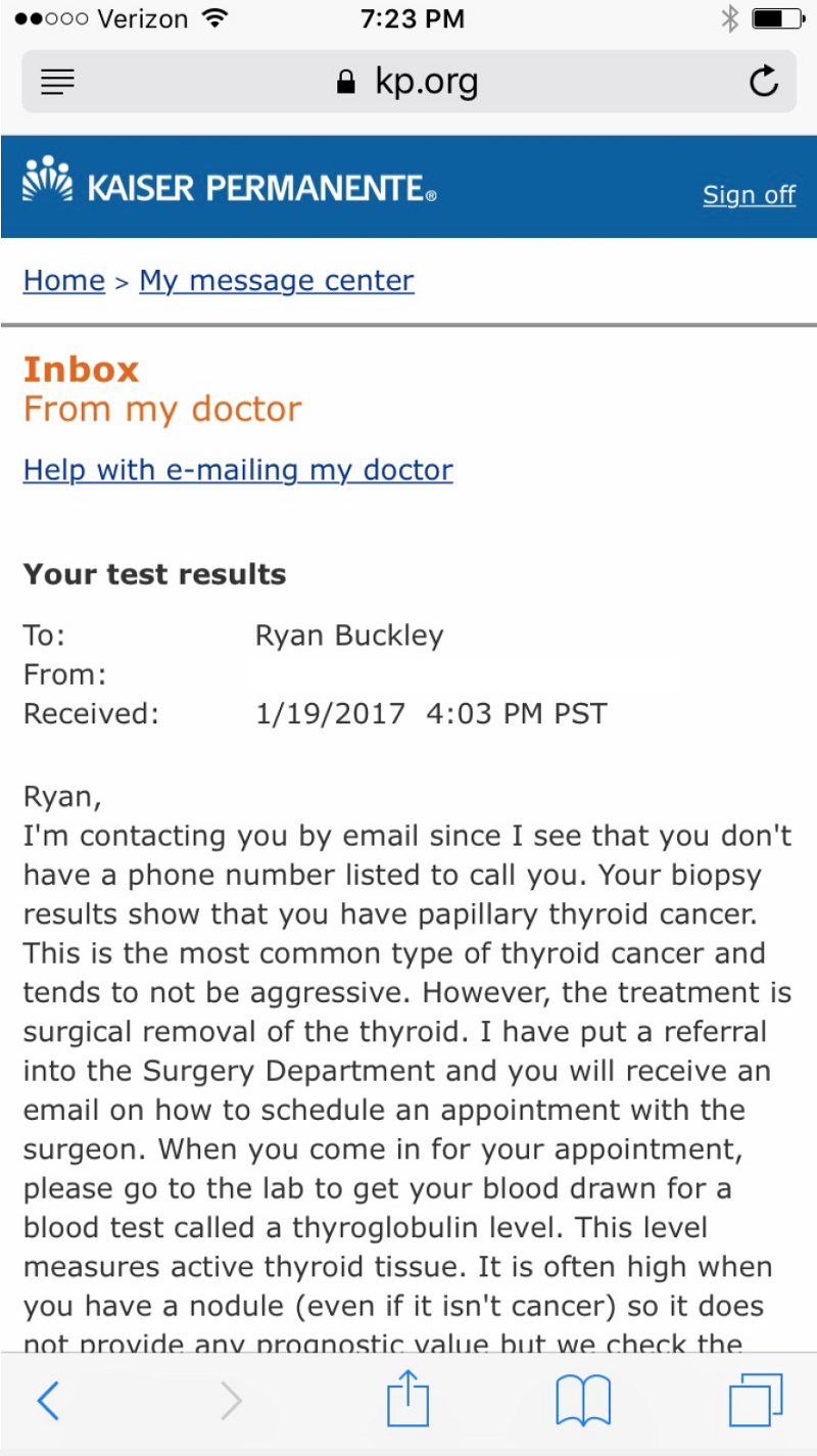 Kaiser message about cancer diagnosis