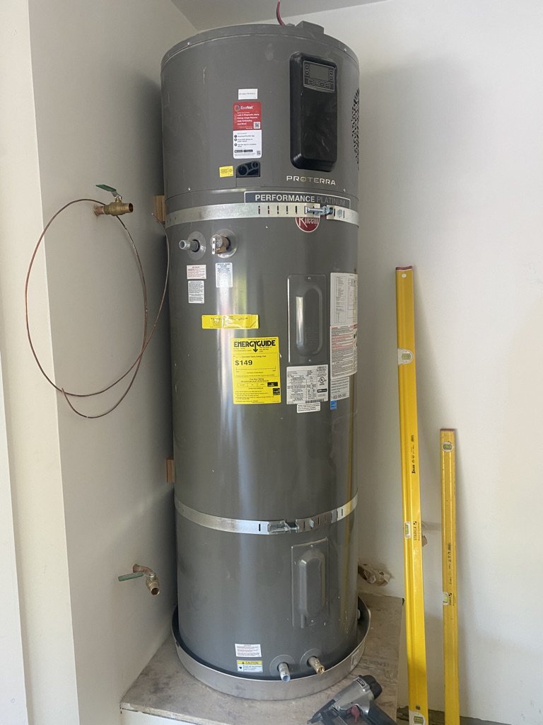 Heat pump water heater installed in garage