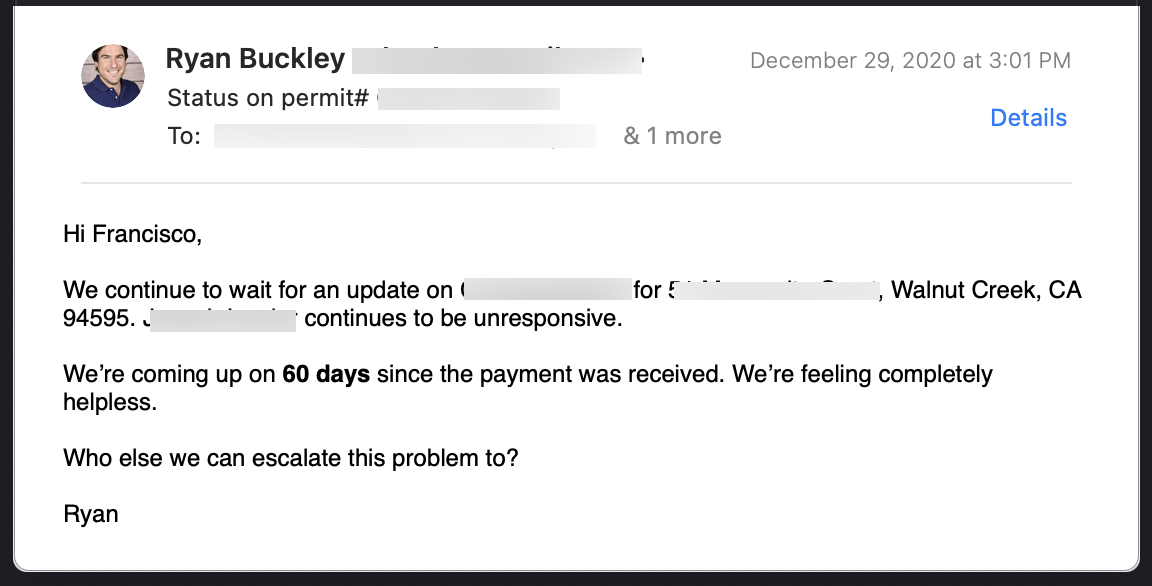 Desperate email about permit delays
