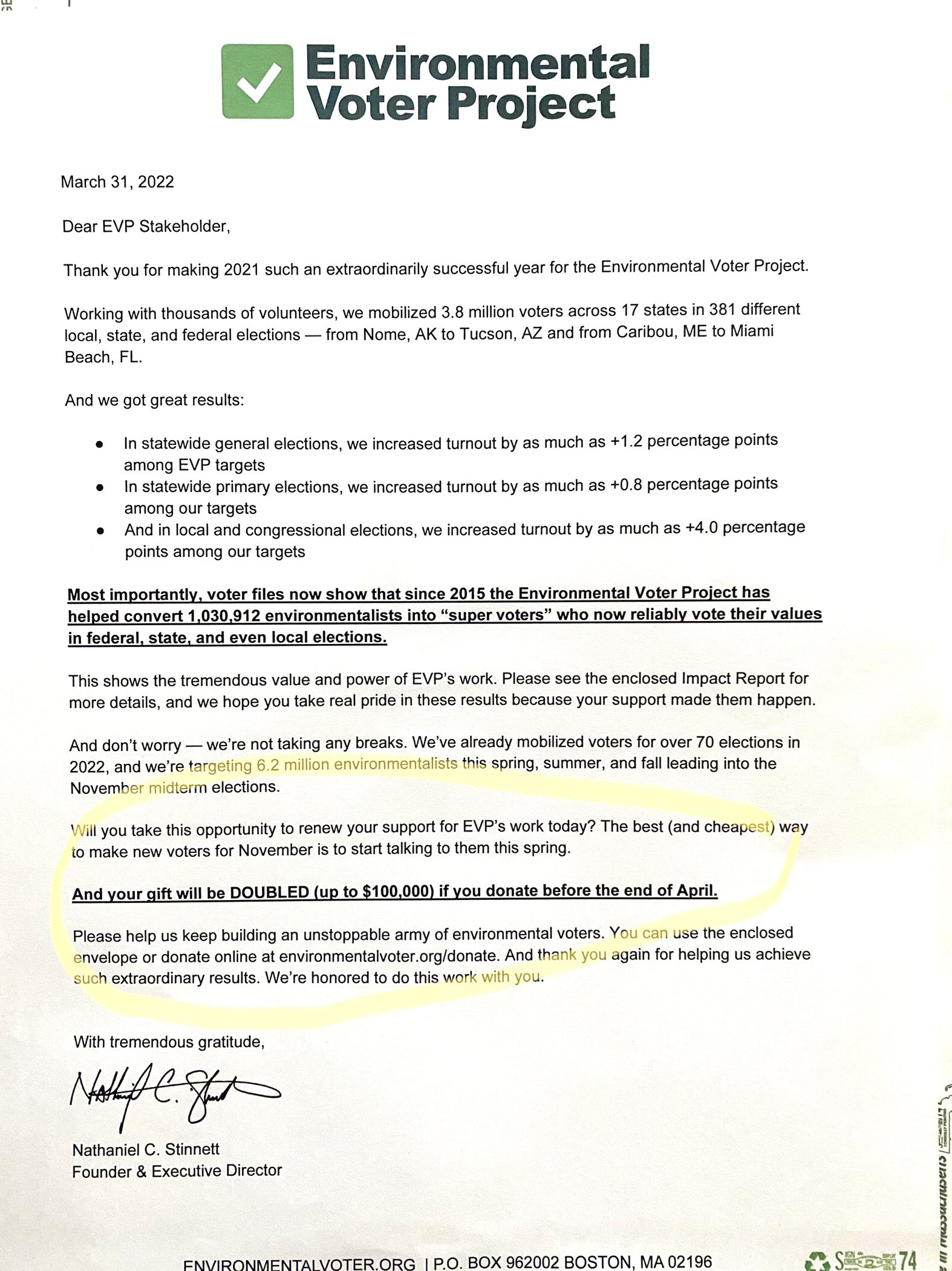 Environmental Voter Project fundraising letter with matching grant