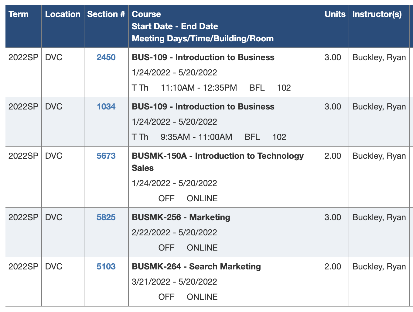 Teaching schedule screenshot